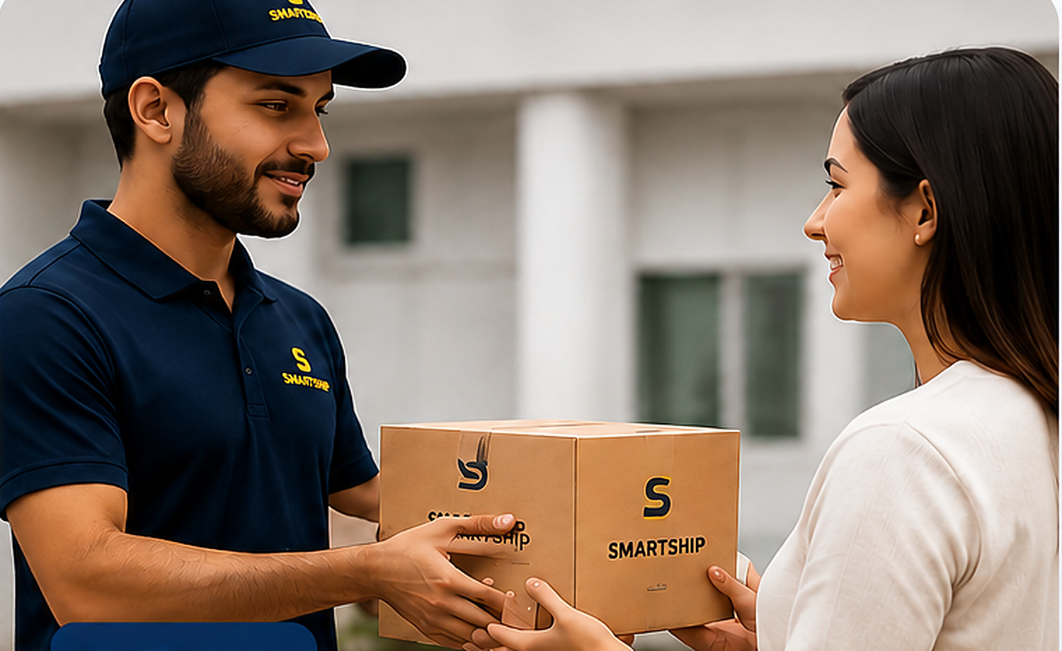 Mensajero entregando una caja a una cliente